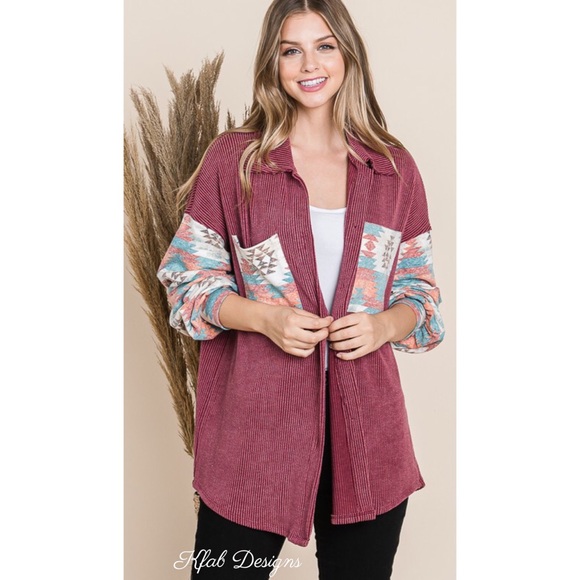 ❤️LAST! Wine Aztec Contrast Plush Oversized Button Up Jacket! - Picture 10 of 11